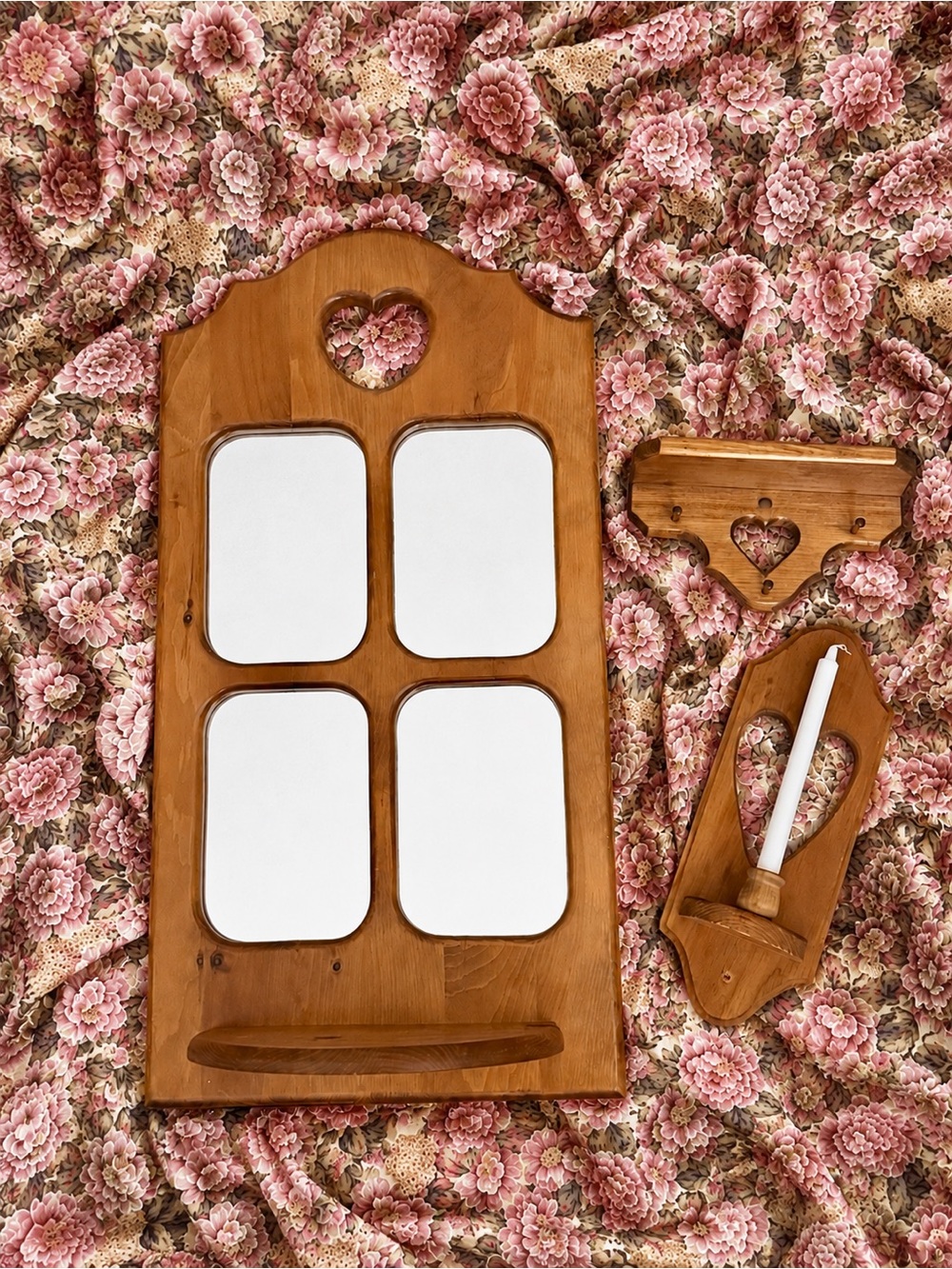 Vintage Wooden Heart Mirror, Candle Sconce & Wall Shelf Set